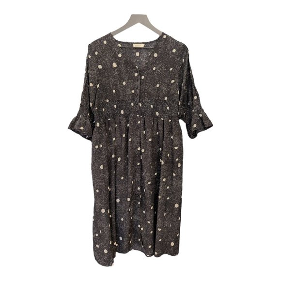Roolee Black & White Shirred Midi Dress - Size Large - Polka dot Splotches EUC - Picture 1 of 7